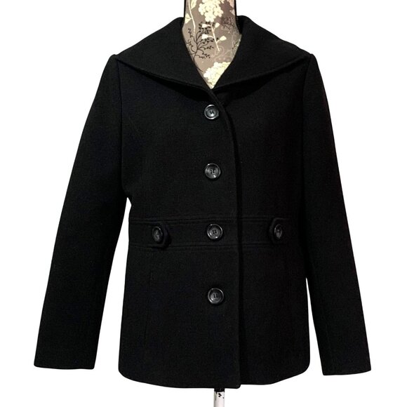 JM Collection Womens Black Single Breasted Peacoat Jacket Size PM Poly-Blend - Picture 1 of 7